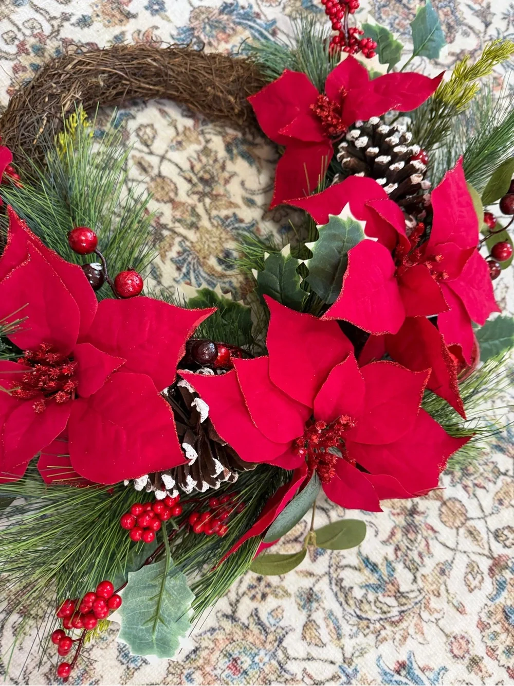New Red Poinsettia & Pine Holiday Wreath - Classic Seasonal Door Accent
